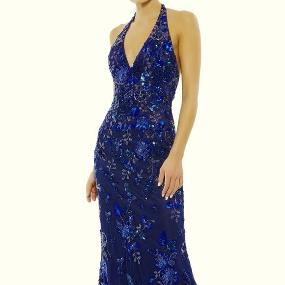 Mac Duggal Midnight Blue Sequin Floral Halter Neck Sheath Gown - Picture 1 of 5